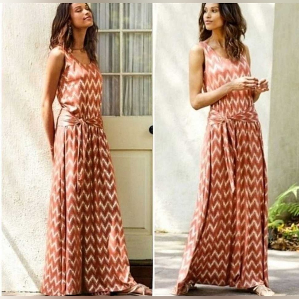 Soft Surroundings Alessandra Maxi Dress Women’s M Gold Metallic Rust Chevron